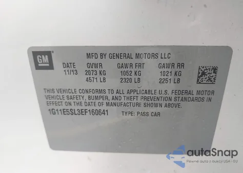 2014 Chevrolet Malibu 2Lt z USA, uszkodzony, nr VIN 1G11E5SL3EF160641